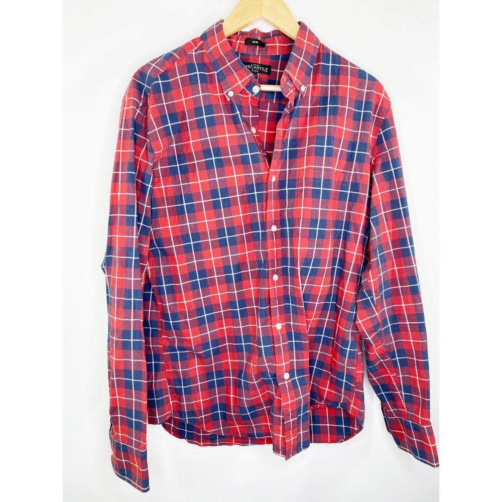 J.Crew Mercantile Flex Mens Plaid Button Front Shirt Size L Slim Fit Red Blue